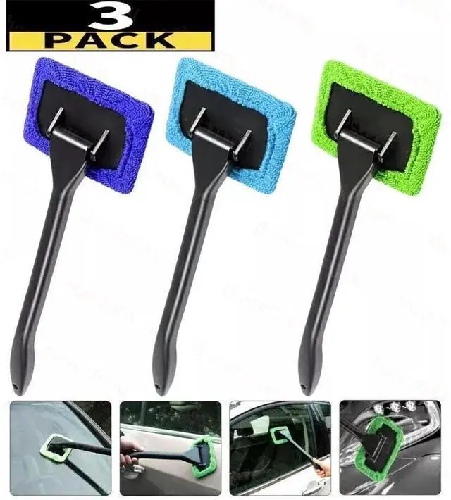 Main image of Generic Brand 3PCS Windshield Cleaning Tool Car Window Cleaner with Reusable Washable Microfiber Pads and Extendable Handle Auto Inside Glass Wiper Kit