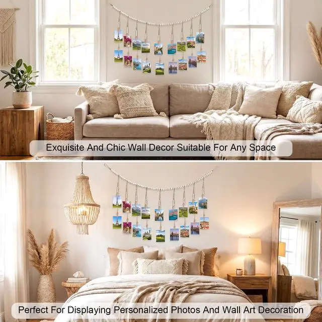 Alt view image 5 of 7 - Photo Hanging Display Wall Decor, Photo String With 18 Wooden Clips For Show Happy Moments, For Bedroom Living Room Home Study Baby Room Dormitory Teen Girls Gifts