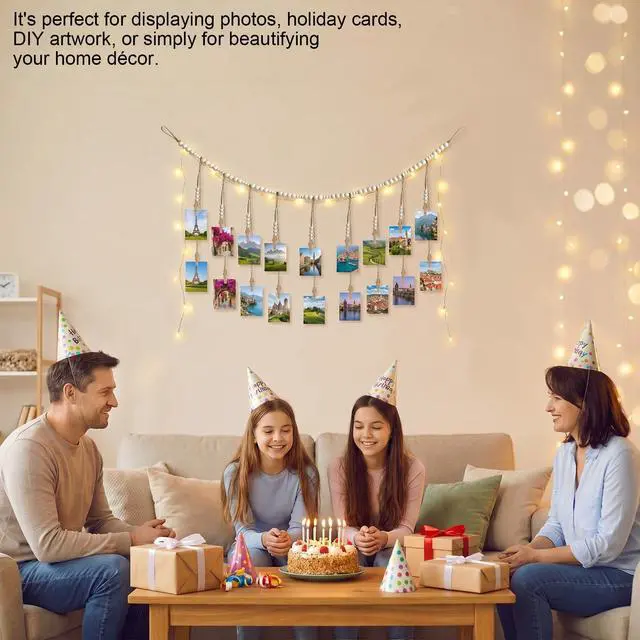 Alt view image 6 of 7 - Photo Hanging Display Wall Decor, Photo String With 18 Wooden Clips For Show Happy Moments, For Bedroom Living Room Home Study Baby Room Dormitory Teen Girls Gifts