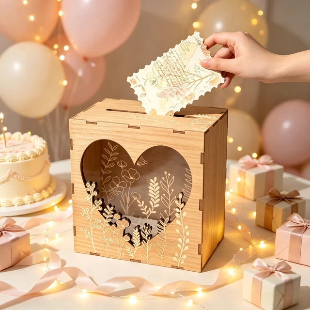 Main image of Brown Wedding Card Box for Reception with Heart Acrylic Window, Wooden Gift Card Box for Wedding with Flower Pattern, Vintage Card Box for Graduation Birthday Party Anniversary Baby Shower