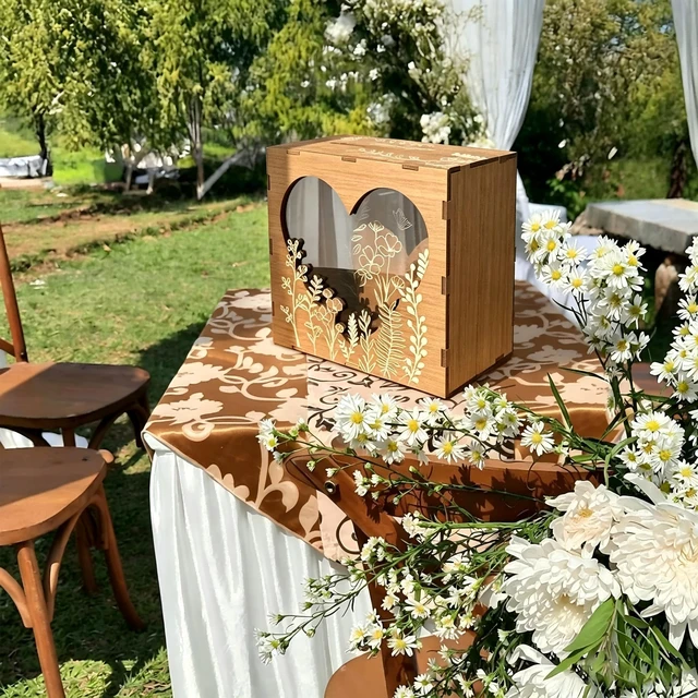 Alt view image 4 of 7 - Brown Wedding Card Box for Reception with Heart Acrylic Window, Wooden Gift Card Box for Wedding with Flower Pattern, Vintage Card Box for Graduation Birthday Party Anniversary Baby Shower