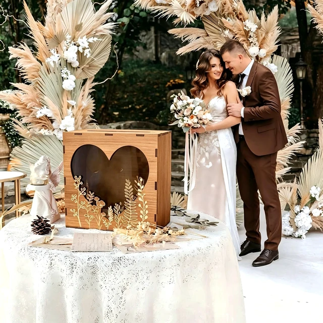Alt view image 3 of 7 - Brown Wedding Card Box for Reception with Heart Acrylic Window, Wooden Gift Card Box for Wedding with Flower Pattern, Vintage Card Box for Graduation Birthday Party Anniversary Baby Shower