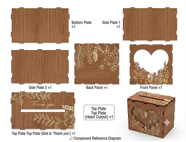 Alt view image 7 of 7 - Brown Wedding Card Box for Reception with Heart Acrylic Window, Wooden Gift Card Box for Wedding with Flower Pattern, Vintage Card Box for Graduation Birthday Party Anniversary Baby Shower