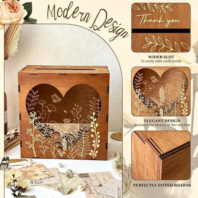 Alt view image 5 of 7 - Brown Wedding Card Box for Reception with Heart Acrylic Window, Wooden Gift Card Box for Wedding with Flower Pattern, Vintage Card Box for Graduation Birthday Party Anniversary Baby Shower