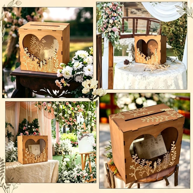 Alt view image 6 of 7 - Brown Wedding Card Box for Reception with Heart Acrylic Window, Wooden Gift Card Box for Wedding with Flower Pattern, Vintage Card Box for Graduation Birthday Party Anniversary Baby Shower