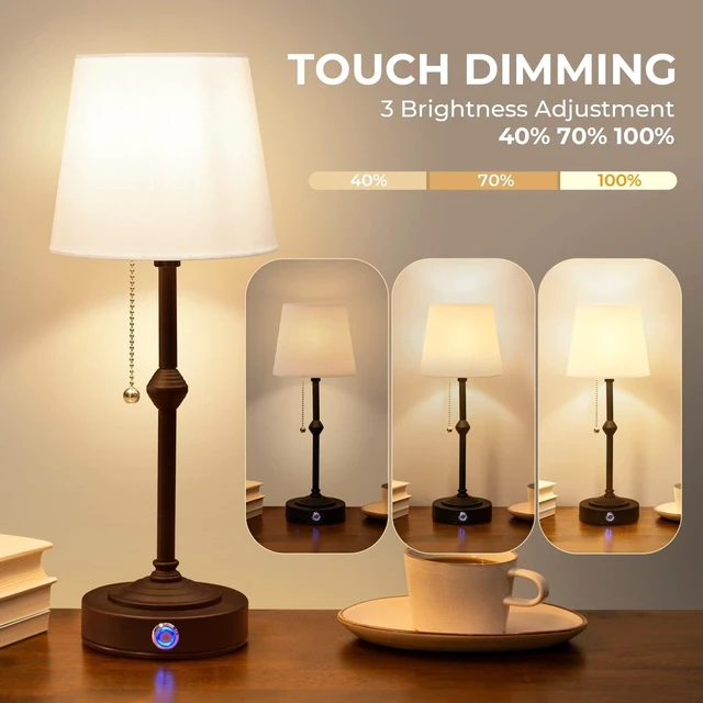 Alt view image 4 of 7 - Dimmable Rechargeable Cordless Table Lamp with Fabric Shade - Ideal for Bedroom, Living Room, Cafe, Restaurant, and Camping