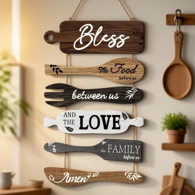 Alt view image 2 of 7 - Generic Brand Kitchen Wall Decor Bless the Food Cookware Shaped Hanging Signs Rustic Wooden Plaques Set for Farmhouse Kitchen Country Dining Room, 6Pcs Premium UV Printed Art