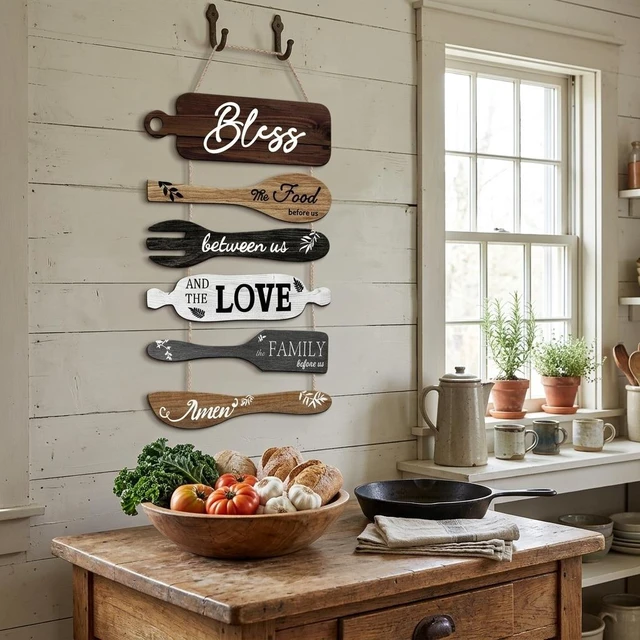 Alt view image 3 of 7 - Generic Brand Kitchen Wall Decor Bless the Food Cookware Shaped Hanging Signs Rustic Wooden Plaques Set for Farmhouse Kitchen Country Dining Room, 6Pcs Premium UV Printed Art