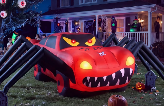 Alt view image 4 of 7 - Super Giant Red 19.7FT Halloween Inflatables Spider Car Outdoor Decorations | Built in LED Lights,Blow Up Spider Race Car for Yard Lawn Garden Holiday Halloween Party Supplies with WaterBags Stakes