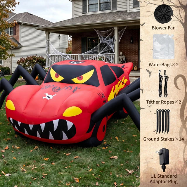 Alt view image 3 of 7 - Super Giant Red 19.7FT Halloween Inflatables Spider Car Outdoor Decorations | Built in LED Lights,Blow Up Spider Race Car for Yard Lawn Garden Holiday Halloween Party Supplies with WaterBags Stakes