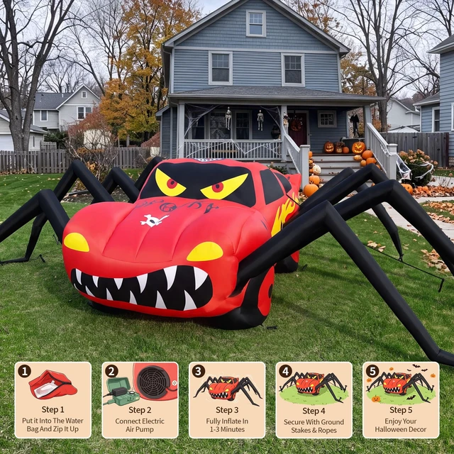 Alt view image 5 of 7 - Super Giant Red 19.7FT Halloween Inflatables Spider Car Outdoor Decorations | Built in LED Lights,Blow Up Spider Race Car for Yard Lawn Garden Holiday Halloween Party Supplies with WaterBags Stakes