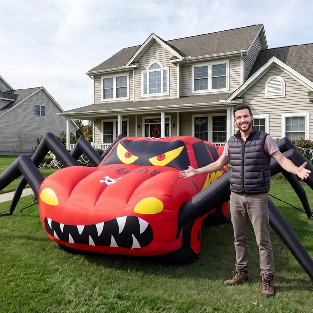 Alt view image 7 of 7 - Super Giant Red 19.7FT Halloween Inflatables Spider Car Outdoor Decorations | Built in LED Lights,Blow Up Spider Race Car for Yard Lawn Garden Holiday Halloween Party Supplies with WaterBags Stakes