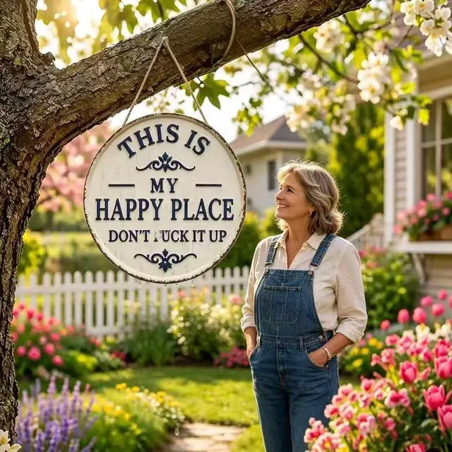 Alt view image 5 of 7 - 12x12in Round This Is Our Happy Place Don't F*k It Up Wood Sign - Vintage Hanging Wall Decor Welcome to My Happy Place - Funny Humorous Welcome Sign with Jute Rope