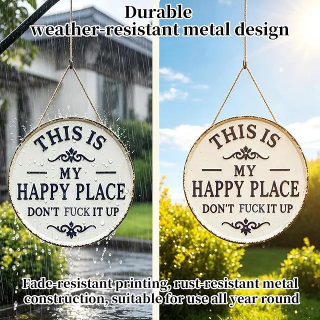 Alt view image 6 of 7 - 12x12in Round This Is Our Happy Place Don't F*k It Up Wood Sign - Vintage Hanging Wall Decor Welcome to My Happy Place - Funny Humorous Welcome Sign with Jute Rope