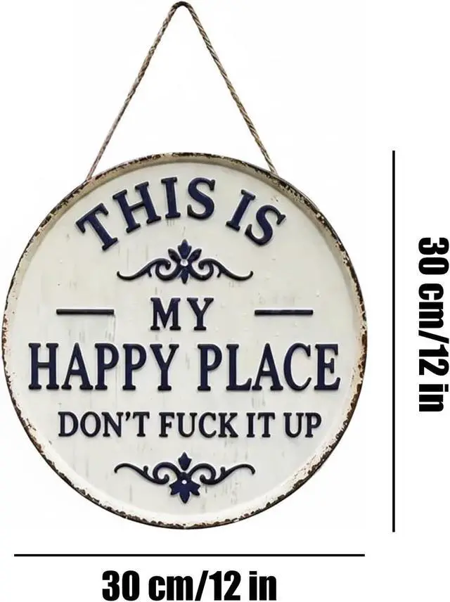 Alt view image 2 of 7 - 12x12in Round This Is Our Happy Place Don't F*k It Up Wood Sign - Vintage Hanging Wall Decor Welcome to My Happy Place - Funny Humorous Welcome Sign with Jute Rope