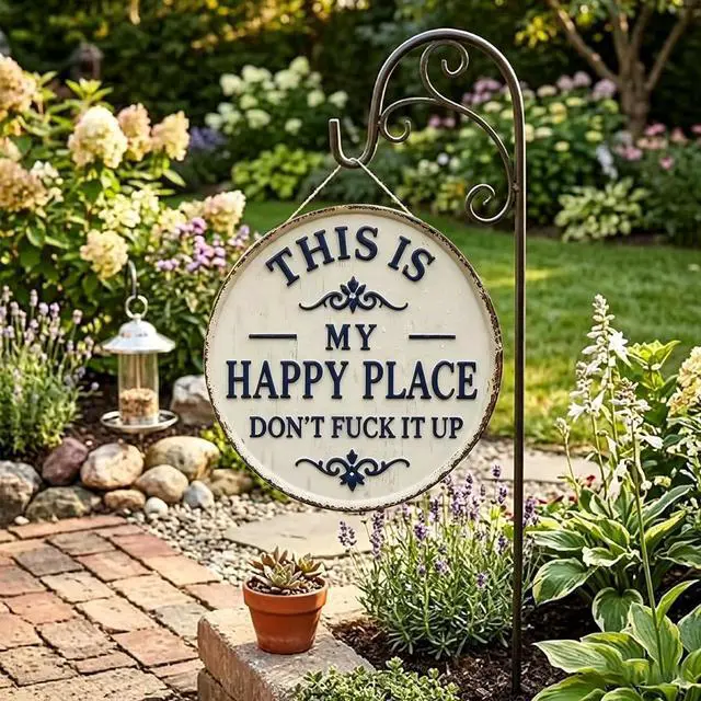 Alt view image 3 of 7 - 12x12in Round This Is Our Happy Place Don't F*k It Up Wood Sign - Vintage Hanging Wall Decor Welcome to My Happy Place - Funny Humorous Welcome Sign with Jute Rope