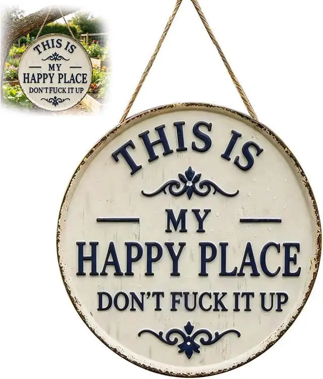 Main image of 12x12in Round This Is Our Happy Place Don't F*k It Up Wood Sign - Vintage Hanging Wall Decor Welcome to My Happy Place - Funny Humorous Welcome Sign with Jute Rope