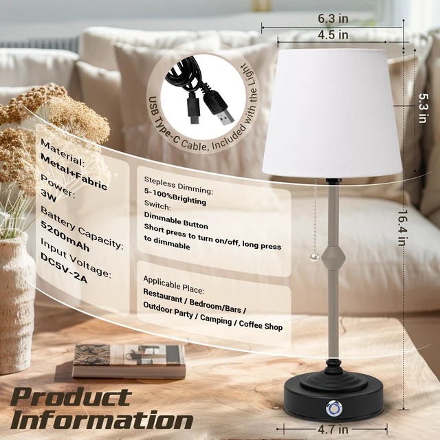 Alt view image 3 of 7 - Generic Brand Rechargeable Cordless Table Lamp with Fabric Shade - Dimmable and Portable, Ideal for Bedroom, Restaurant, Cafe, Camping, Living Room, and Office