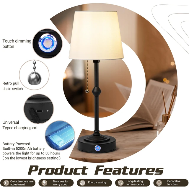 Alt view image 5 of 7 - Generic Brand Rechargeable Cordless Table Lamp with Fabric Shade - Dimmable and Portable, Ideal for Bedroom, Restaurant, Cafe, Camping, Living Room, and Office