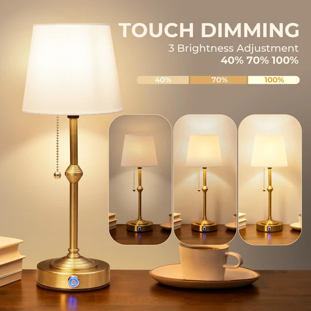 Main image of Rechargeable Gold Table Lamp,Dimmable Rechargeable Cordless Table Lamp with Fabric Shade - Ideal for Bedroom, Living Room, Cafe, Restaurant and Camping