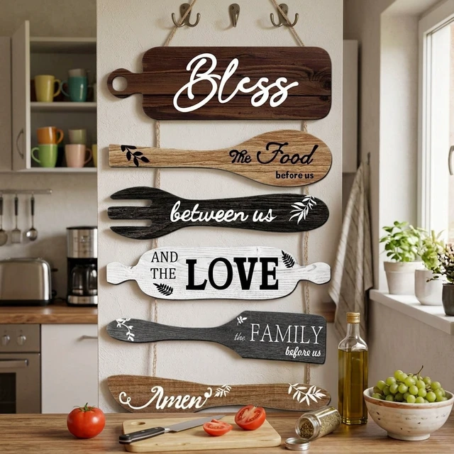 Alt view image 4 of 7 - Generic Brand Kitchen Wall Decor Bless the Food Cookware Shaped Hanging Signs Rustic Wooden Plaques Set for Farmhouse Kitchen Country Dining Room, 6Pcs Premium UV Printed Art