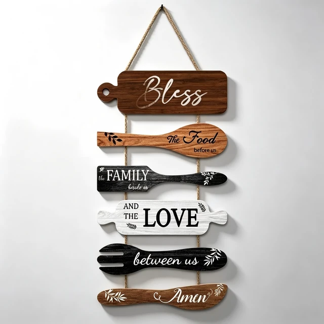 Main image of Generic Brand Kitchen Wall Decor Bless the Food Cookware Shaped Hanging Signs Rustic Wooden Plaques Set for Farmhouse Kitchen Country Dining Room, 6Pcs Premium UV Printed Art