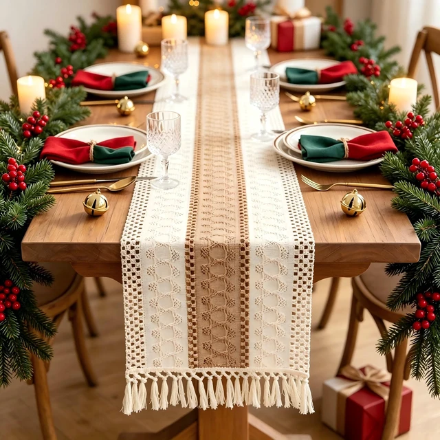Alt view image 3 of 7 - Generic Brand Boho Table Runner Thanksgiving Decor Fall Christmas Home Decor Tassels 72 Inches Long Pottery Barn Furniture Farmhouse Rustic Macrame Burlap Table Decoration