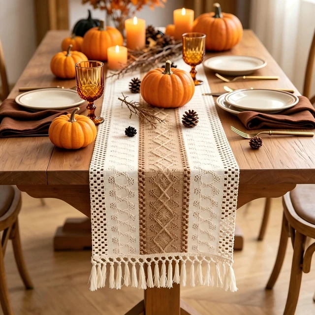 Main image of Generic Brand Boho Table Runner Thanksgiving Decor Fall Christmas Home Decor Tassels 72 Inches Long Pottery Barn Furniture Farmhouse Rustic Macrame Burlap Table Decoration
