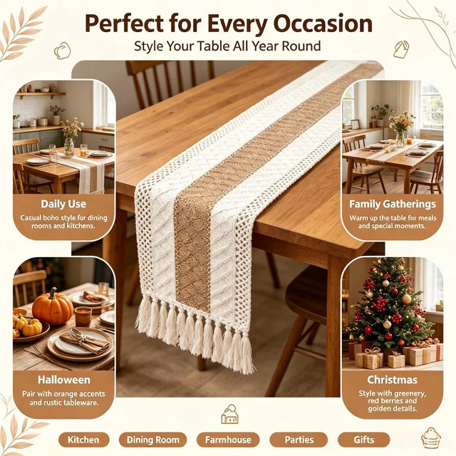 Alt view image 4 of 7 - Generic Brand Boho Table Runner Thanksgiving Decor Fall Christmas Home Decor Tassels 72 Inches Long Pottery Barn Furniture Farmhouse Rustic Macrame Burlap Table Decoration