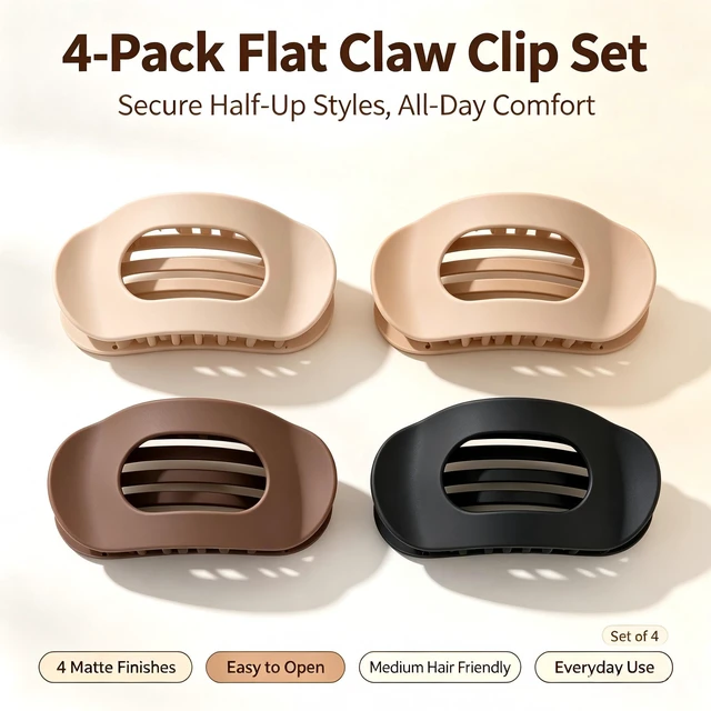 Main image of Generic Brand 4-Pack Duckbill Hair Clips for Women, Flat Claw Design, Solid Color, Casual Elegant Hair Accessories, Suitable for Thick or Thin Hair and All Hair Lengths