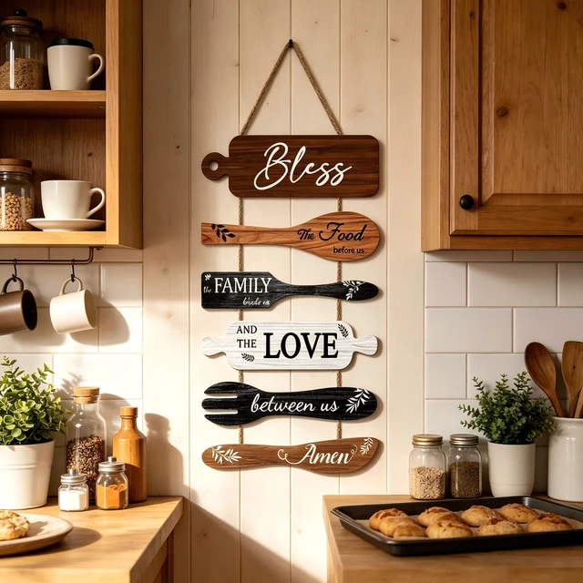 Alt view image 3 of 7 - Generic Brand Kitchen Wall Decor Bless the Food Cookware Shaped Hanging Signs Rustic Wooden Plaques Set for Farmhouse Kitchen Country Dining Room, 6Pcs Premium UV Printed Art
