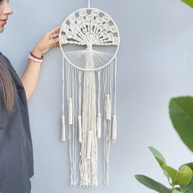 Alt view image 6 of 7 - Generic Brand Hangable Macrame Dream Catcher Wall Hanging Boho Decor Large Green Tree of Life Handmade Tassel Feather Decor Natural Cotton Fringe Modern Chic Home Decor Item