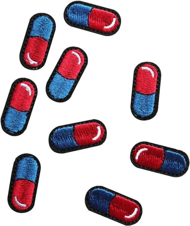 Main image of U-Sky Sew or Iron on Embroidered Patches | Vibrant Red Blue Pill Design Medical Theme | Fun Pharmaceutical Style | DIY Crafters Healthcare | Jackets Bags Accessories | 1.2"x0.6" 9PCs Pack