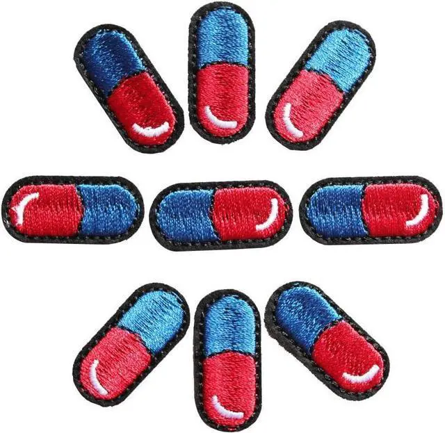 Alt view image 2 of 3 - U-Sky Sew or Iron on Embroidered Patches | Vibrant Red Blue Pill Design Medical Theme | Fun Pharmaceutical Style | DIY Crafters Healthcare | Jackets Bags Accessories | 1.2"x0.6" 9PCs Pack