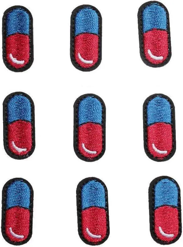Alt view image 3 of 3 - U-Sky Sew or Iron on Embroidered Patches | Vibrant Red Blue Pill Design Medical Theme | Fun Pharmaceutical Style | DIY Crafters Healthcare | Jackets Bags Accessories | 1.2"x0.6" 9PCs Pack