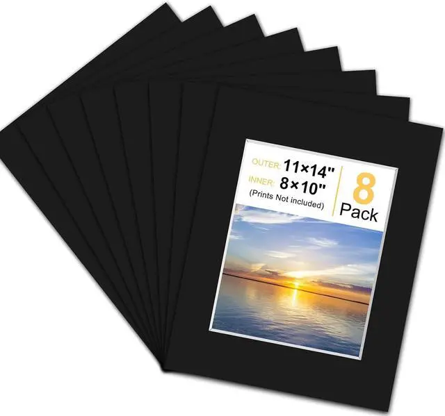 Main image of Phinus 8 Pack Picture Mats for Frames, Acid Free 11x14 Matted to 8x10, Picture Frame Mats for Pictures, Watercolor, Artwork and Prints (Black)