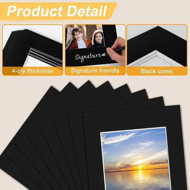 Alt view image 3 of 7 - Phinus 8 Pack Picture Mats for Frames, Acid Free 11x14 Matted to 8x10, Picture Frame Mats for Pictures, Watercolor, Artwork and Prints (Black)