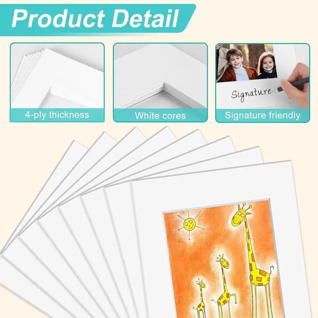 Alt view image 3 of 7 - Phinus 8 Pack Picture Mats for Frames, Acid Free 11x14 Matted to 8x10, Picture Frame Mats for Pictures, Watercolor, Artwork and Prints (White)