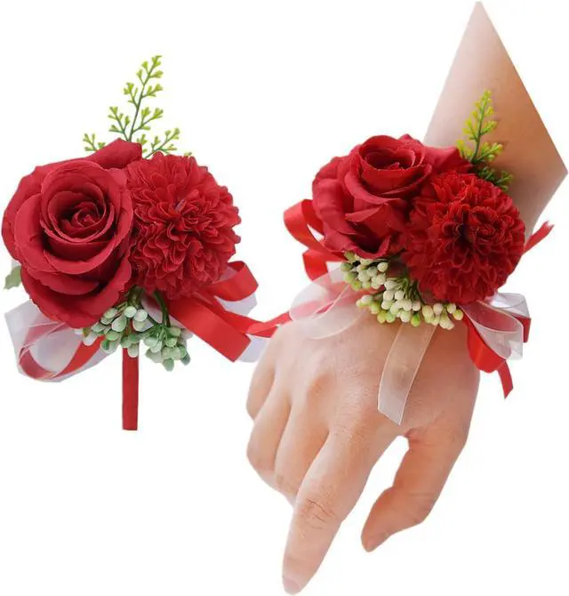 Main image of 2 Pack Red Flower Wrist Corsage & Boutonniere Set,3inch Mini Silk Flowers