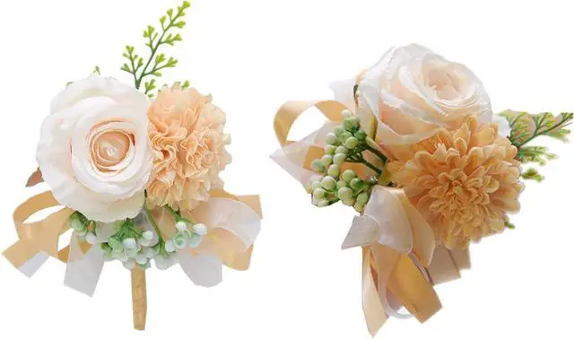 Main image of Rikyo 2 Pack Champagne Flower Wrist Corsage Boutonniere Set,3" Artificial Rose Carnation Wrist Corsage and Men Boutonniere Set,Curtain Tiebacks,DIY Silk Flower for Wedding Flowers Prom Suit Decor