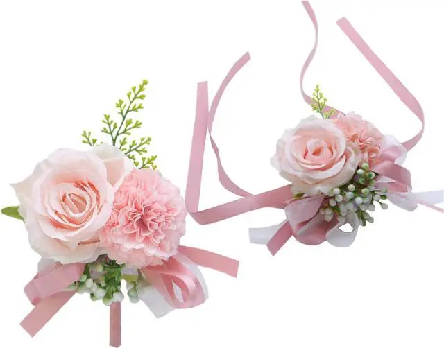 Main image of 2 Pack Pink Flower Wrist Corsage & Boutonniere Set,3" Mini Silk Flowers