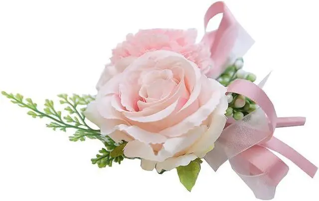 Alt view image 2 of 3 - 2 Pack Pink Flower Wrist Corsage & Boutonniere Set,3" Mini Silk Flowers