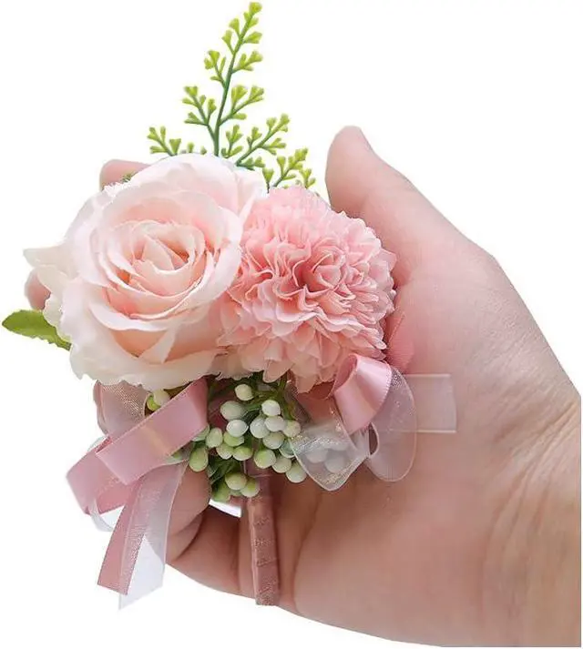 Alt view image 3 of 3 - 2 Pack Pink Flower Wrist Corsage & Boutonniere Set,3" Mini Silk Flowers