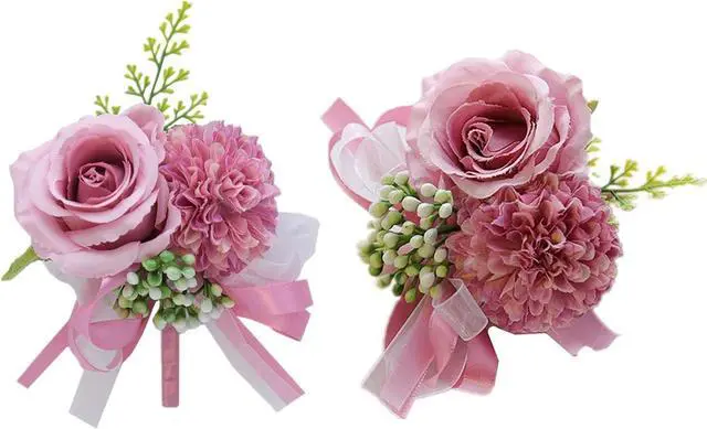Main image of 2pcs Purple Flower Wrist Corsage & Boutonniere Set,3" Mini Silk Flowers