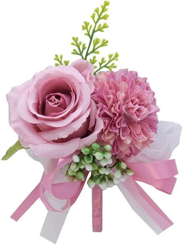 Alt view image 2 of 3 - 2pcs Purple Flower Wrist Corsage & Boutonniere Set,3" Mini Silk Flowers