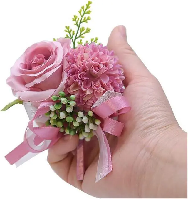 Alt view image 3 of 3 - 2pcs Purple Flower Wrist Corsage & Boutonniere Set,3" Mini Silk Flowers