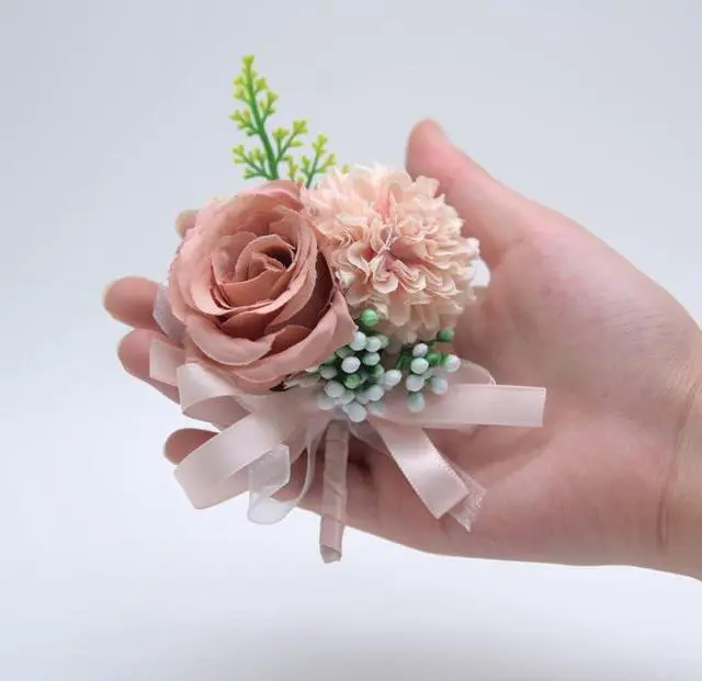Alt view image 2 of 3 - Rose Gold Flowes Wrist Corsage & Boutonniere Set, 2 Pieces