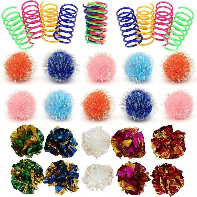 Main image of LASOCUHOO Cat Toys, 30 Packs Interactive Cat Toy Pack Including Cat Crinkle Balls, Cat Sparkle Balls, Spiral Springs for Kitten Random Color