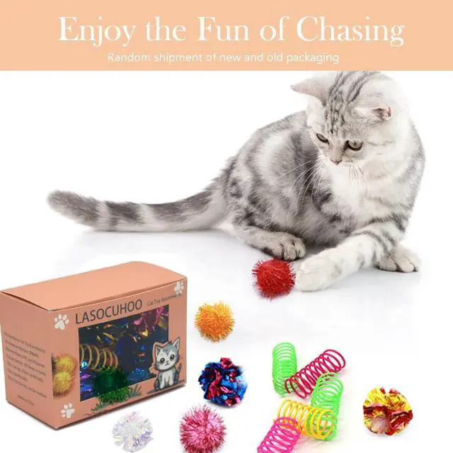 Alt view image 7 of 7 - LASOCUHOO Cat Toys, 30 Packs Interactive Cat Toy Pack Including Cat Crinkle Balls, Cat Sparkle Balls, Spiral Springs for Kitten Random Color