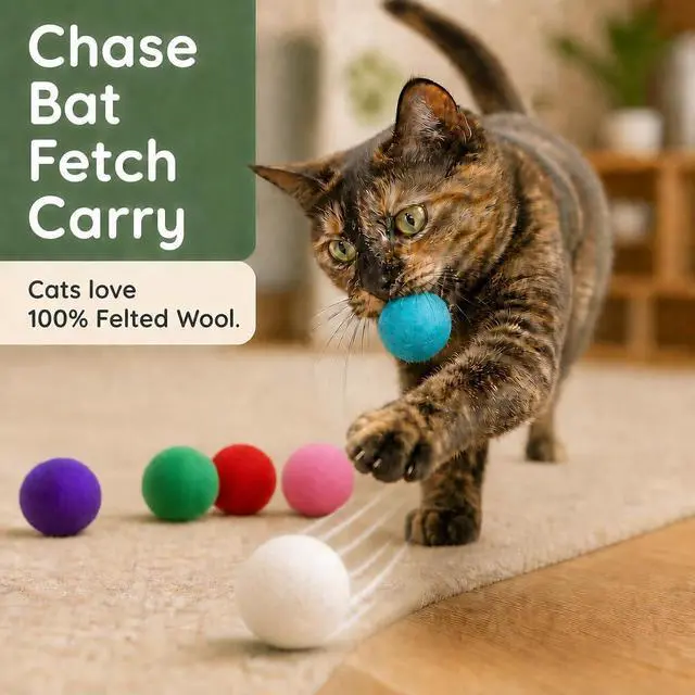 Alt view image 2 of 7 - Wool Cat Toys - Felt Balls Assortments for Small Pet Fetch and Play - Eco Friendly Quiet Wool Ball Toy for Cats and Kittens - 6 PCS Choose Your Colors (Variety Pack)